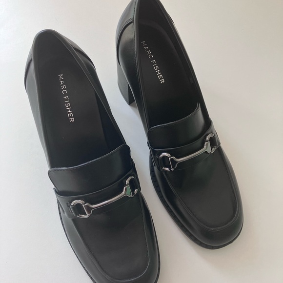 MARC FISHER WOMENS BLACK DANCEL HEELS LOAFER HORSE BIT DETAIL SIZE 9.5 - Picture 4 of 7